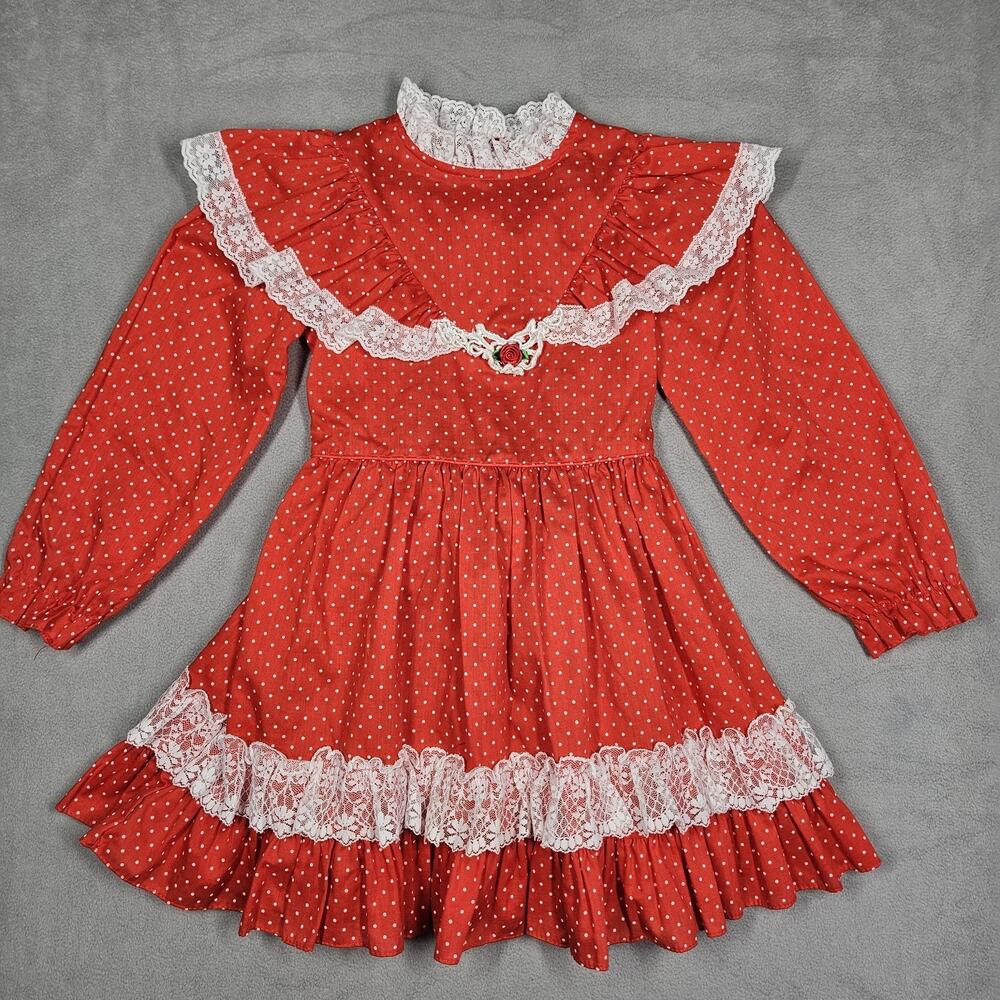 Vintage Robyn Sue Fashions Girls Dress Size 6 Cottagecore Valentines Prairie Red